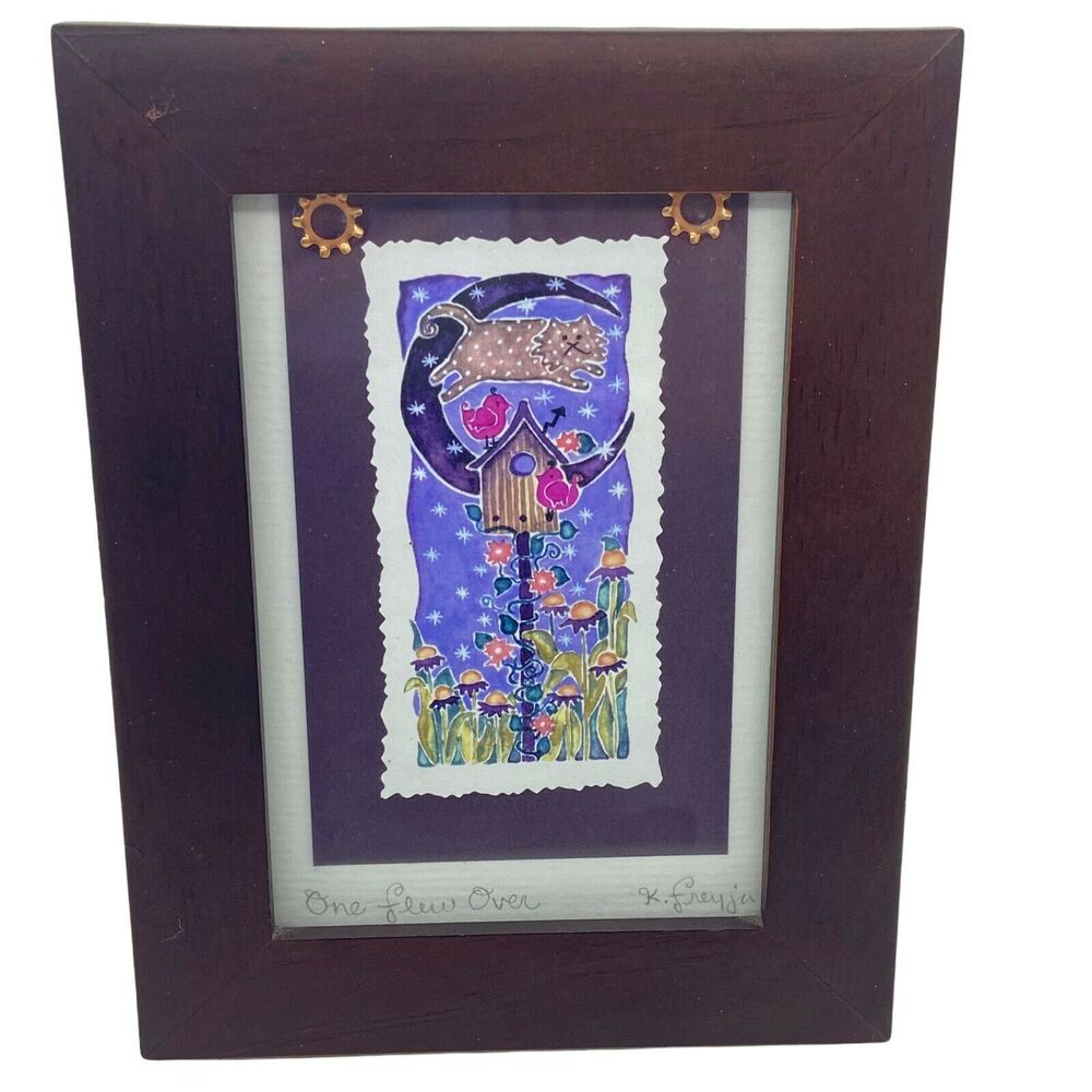 Cat Moon Framed Art Print Vintage K. Freyja Design 1994 One Flew Over Decorative